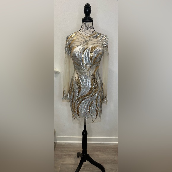 Jovani Dresses & Skirts - Jovani - chromed Long Sleeve Illusion Scoop Neck Sheath Dress